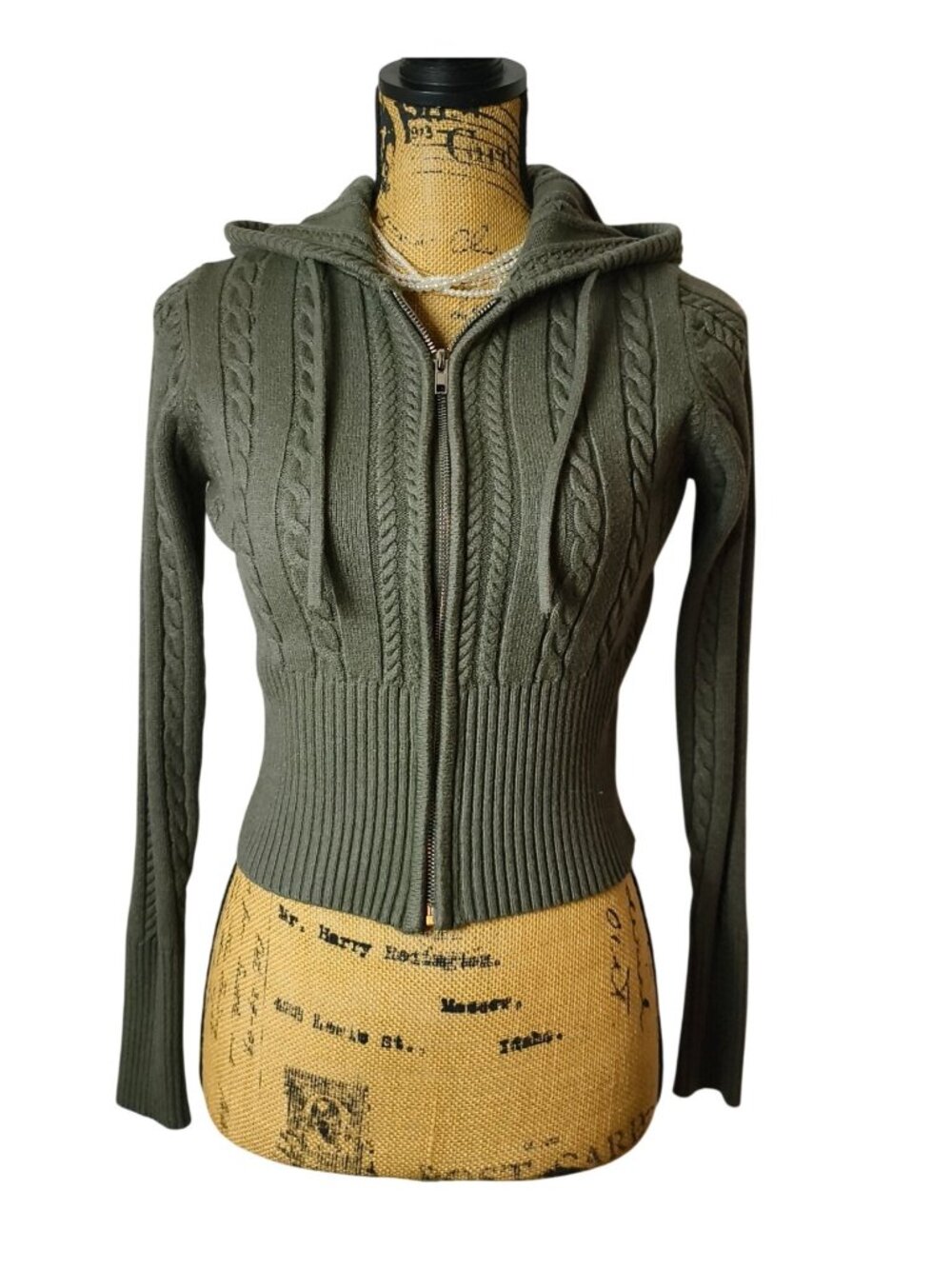 Vtg Womens L Cable Crop Zip Hooded Sweater Y2K Olive Ribbed Long Sleeves Orange